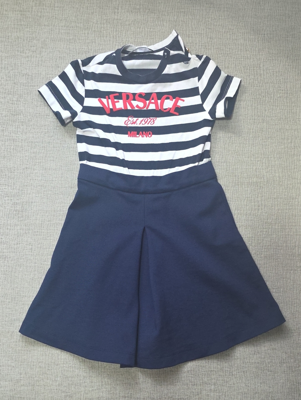 Versace Navy, White & Red Striped Logo Dress